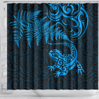 New Zealand Tuatara Tribal Tattoo Shower Curtain Silver Fern and Maori Pattern Blue Color LT03 - Polynesian Pride