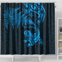 New Zealand Tuatara Tribal Tattoo Shower Curtain Silver Fern and Maori Pattern Blue Color LT03 - Polynesian Pride