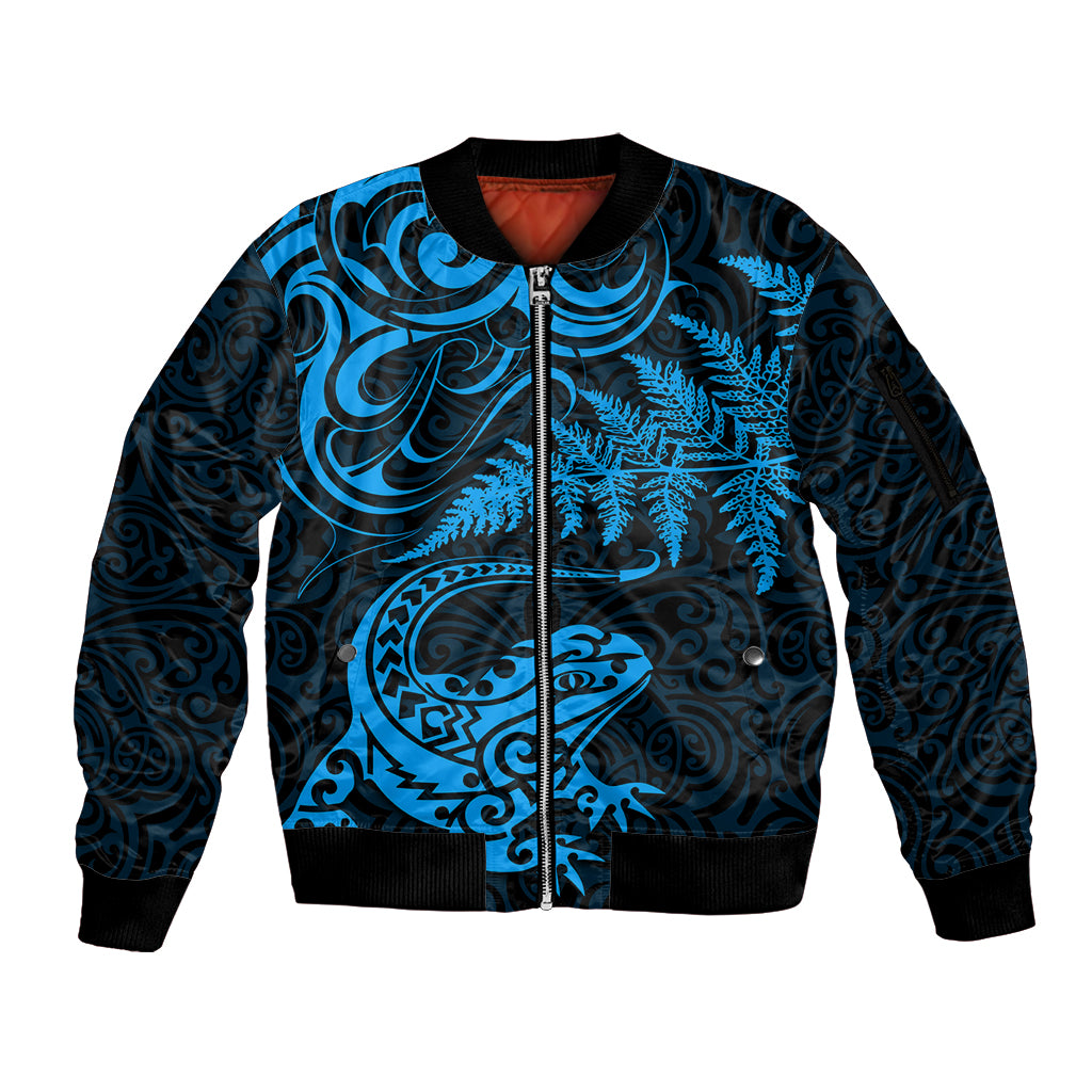 New Zealand Tuatara Tribal Tattoo Sleeve Zip Bomber Jacket Silver Fern and Maori Pattern Blue Color LT03 Unisex Blue - Polynesian Pride
