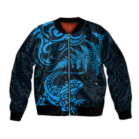 New Zealand Tuatara Tribal Tattoo Sleeve Zip Bomber Jacket Silver Fern and Maori Pattern Blue Color LT03 Unisex Blue - Polynesian Pride