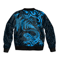 New Zealand Tuatara Tribal Tattoo Sleeve Zip Bomber Jacket Silver Fern and Maori Pattern Blue Color LT03 - Polynesian Pride