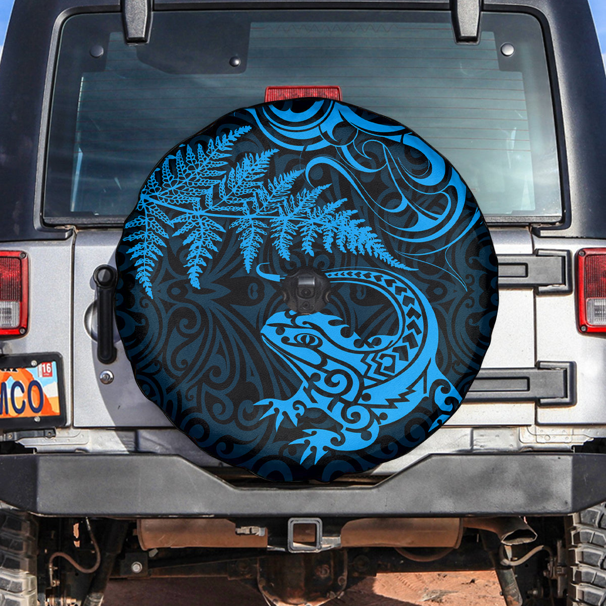 New Zealand Tuatara Tribal Tattoo Spare Tire Cover Silver Fern and Maori Pattern Blue Color LT03 Blue - Polynesian Pride