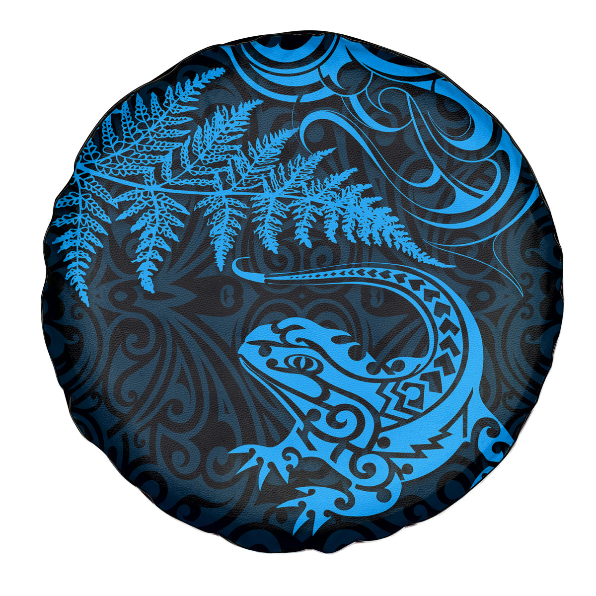 New Zealand Tuatara Tribal Tattoo Spare Tire Cover Silver Fern and Maori Pattern Blue Color LT03 - Polynesian Pride