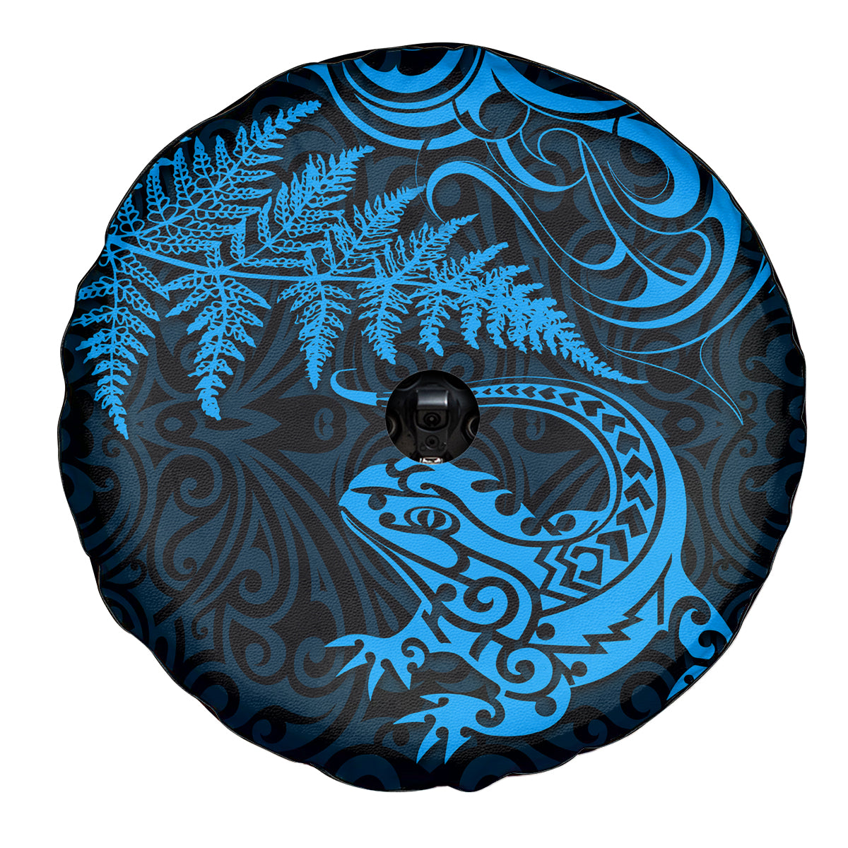 New Zealand Tuatara Tribal Tattoo Spare Tire Cover Silver Fern and Maori Pattern Blue Color LT03 - Polynesian Pride