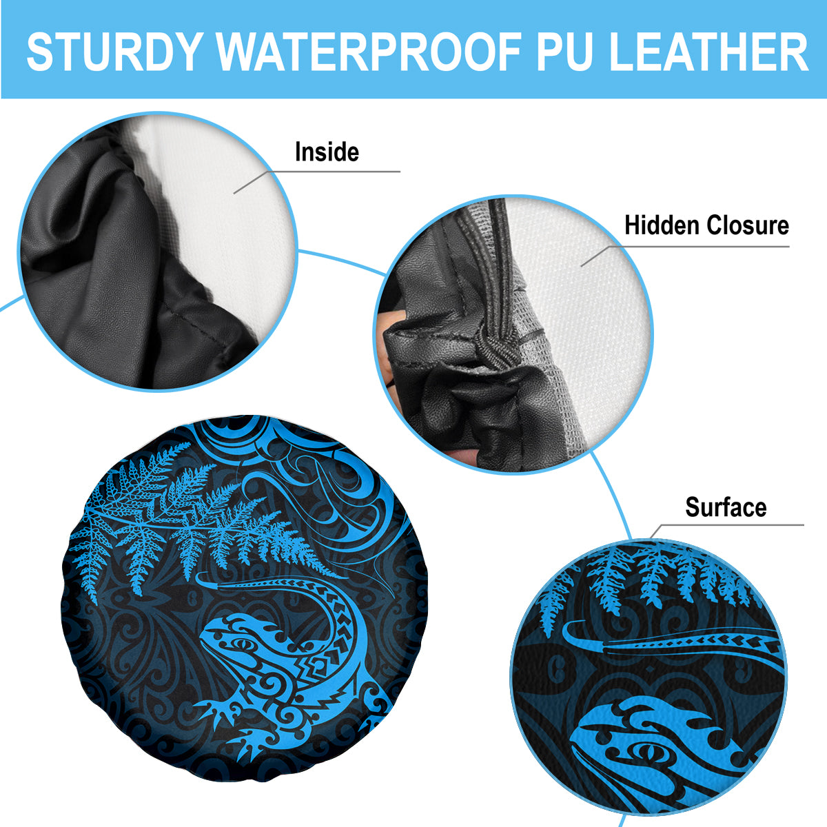 New Zealand Tuatara Tribal Tattoo Spare Tire Cover Silver Fern and Maori Pattern Blue Color LT03 - Polynesian Pride