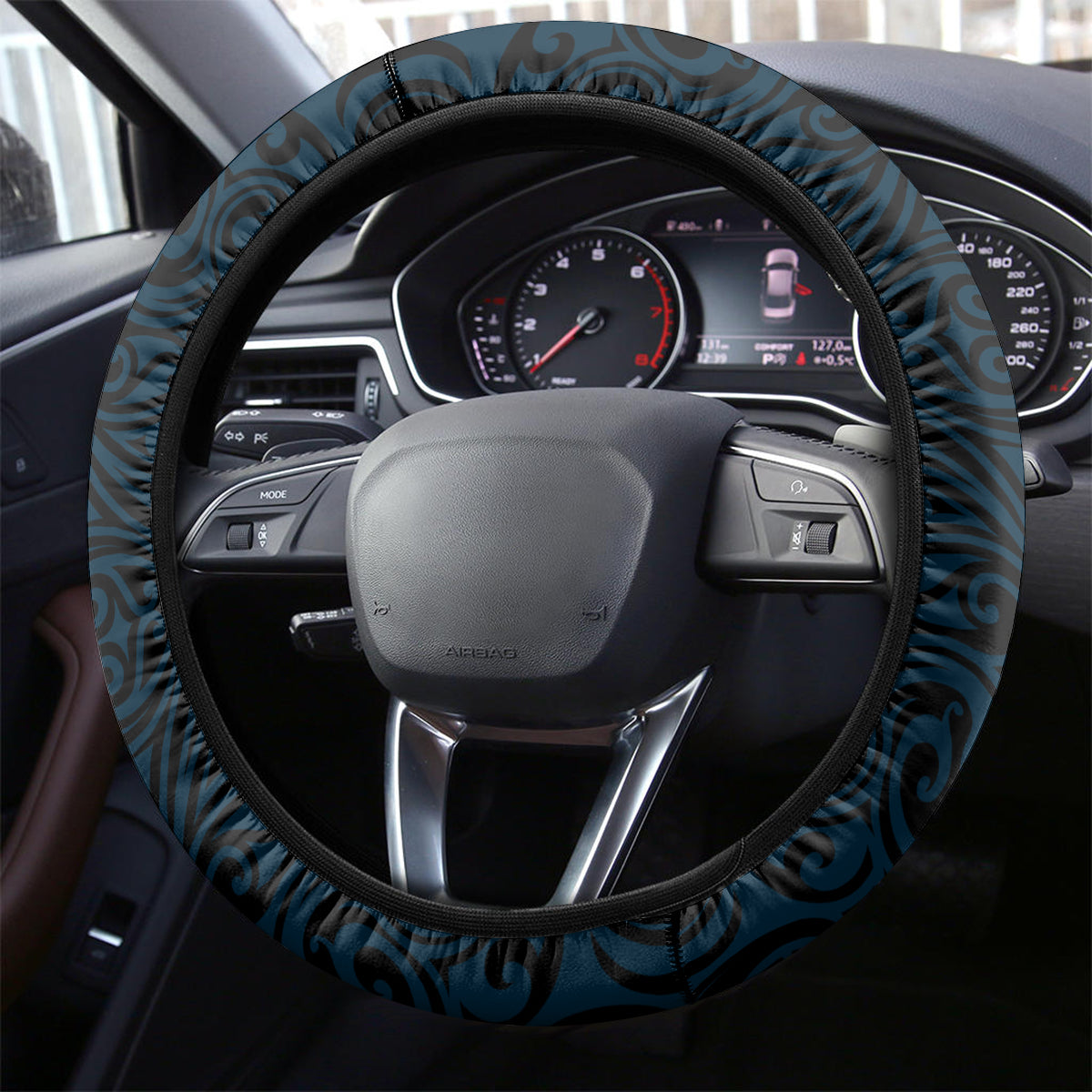 New Zealand Tuatara Tribal Tattoo Steering Wheel Cover Silver Fern and Maori Pattern Blue Color LT03 - Polynesian Pride