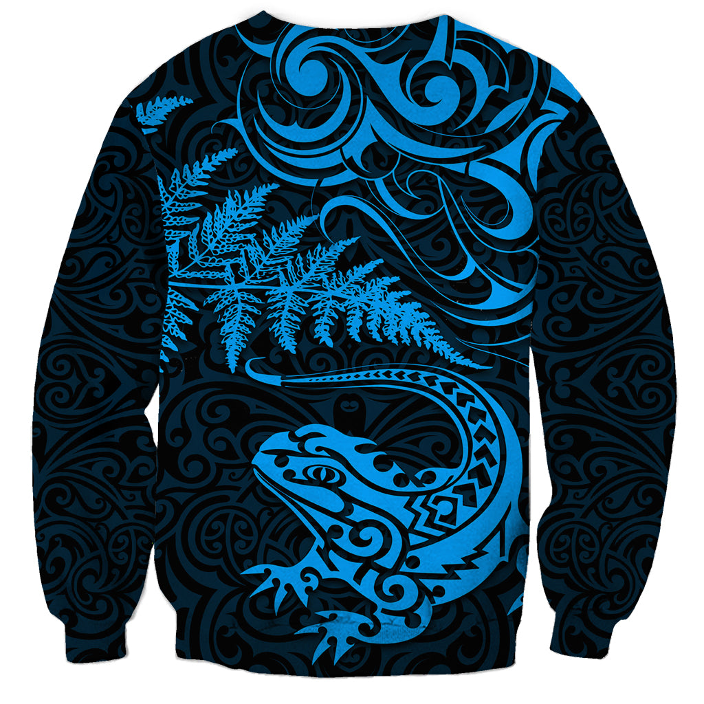 New Zealand Tuatara Tribal Tattoo Sweatshirt Silver Fern and Maori Pattern Blue Color LT03 - Polynesian Pride