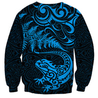 New Zealand Tuatara Tribal Tattoo Sweatshirt Silver Fern and Maori Pattern Blue Color LT03 - Polynesian Pride
