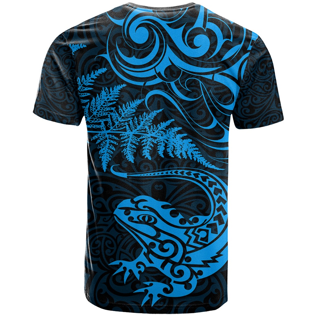New Zealand Tuatara Tribal Tattoo T Shirt Silver Fern and Maori Pattern Blue Color LT03 - Polynesian Pride
