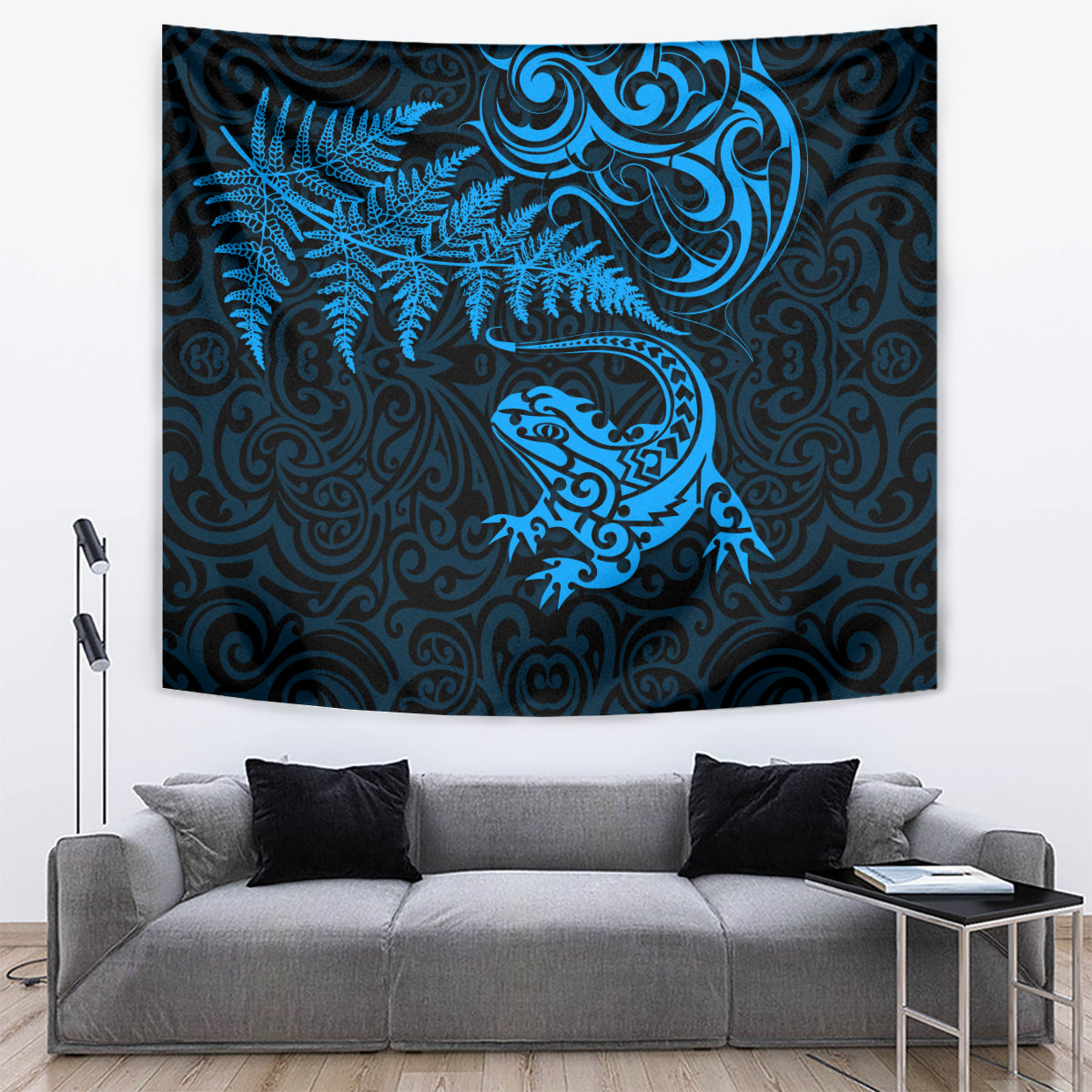 New Zealand Tuatara Tribal Tattoo Tapestry Silver Fern and Maori Pattern Blue Color LT03 Blue - Polynesian Pride