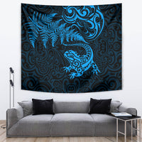 New Zealand Tuatara Tribal Tattoo Tapestry Silver Fern and Maori Pattern Blue Color LT03 Blue - Polynesian Pride