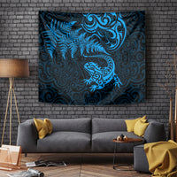 New Zealand Tuatara Tribal Tattoo Tapestry Silver Fern and Maori Pattern Blue Color LT03 - Polynesian Pride