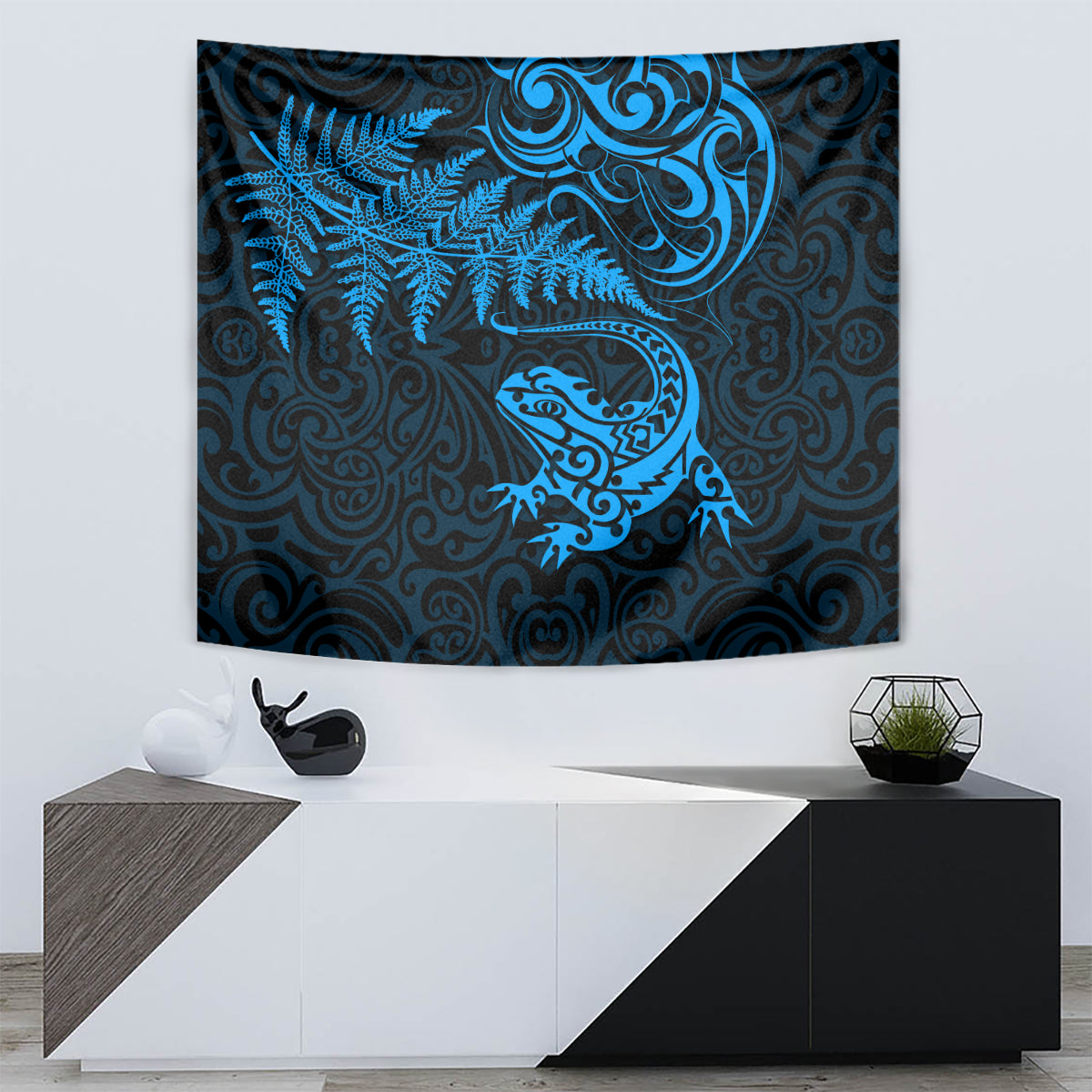New Zealand Tuatara Tribal Tattoo Tapestry Silver Fern and Maori Pattern Blue Color LT03 - Polynesian Pride