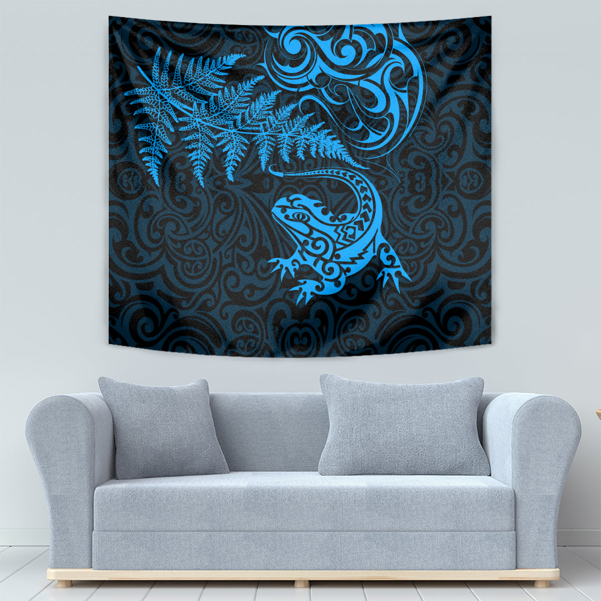 New Zealand Tuatara Tribal Tattoo Tapestry Silver Fern and Maori Pattern Blue Color LT03 - Polynesian Pride