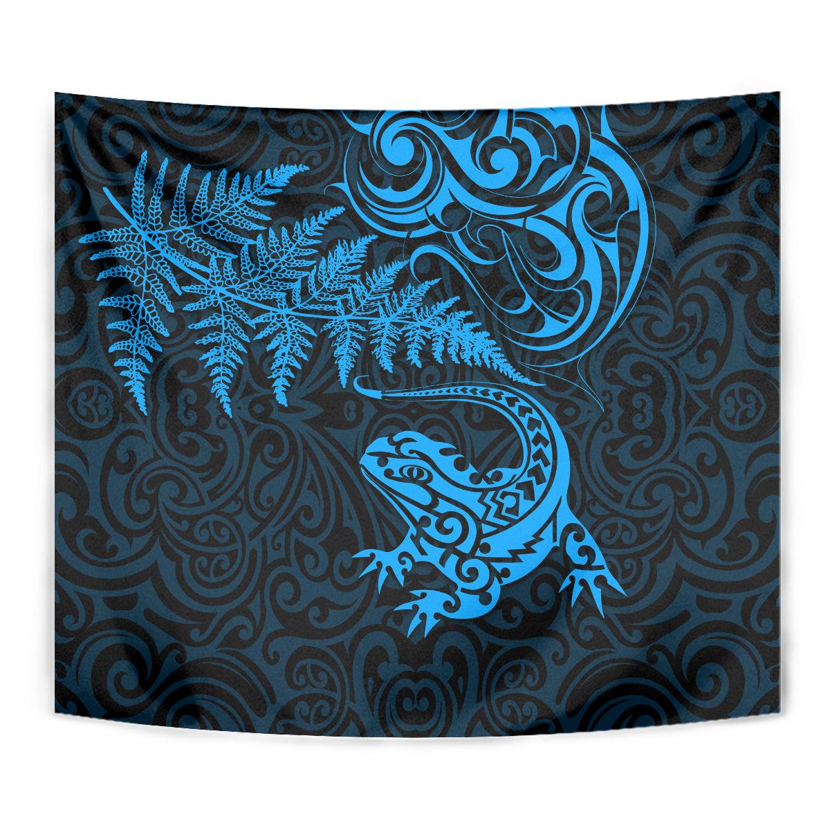 New Zealand Tuatara Tribal Tattoo Tapestry Silver Fern and Maori Pattern Blue Color LT03 - Polynesian Pride