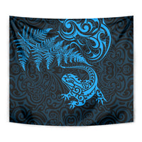 New Zealand Tuatara Tribal Tattoo Tapestry Silver Fern and Maori Pattern Blue Color LT03 - Polynesian Pride