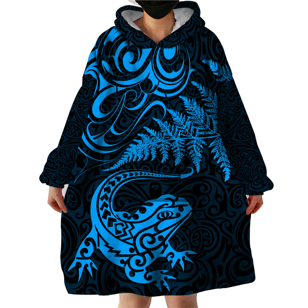 New Zealand Tuatara Tribal Tattoo Wearable Blanket Hoodie Silver Fern and Maori Pattern Blue Color LT03 - Polynesian Pride