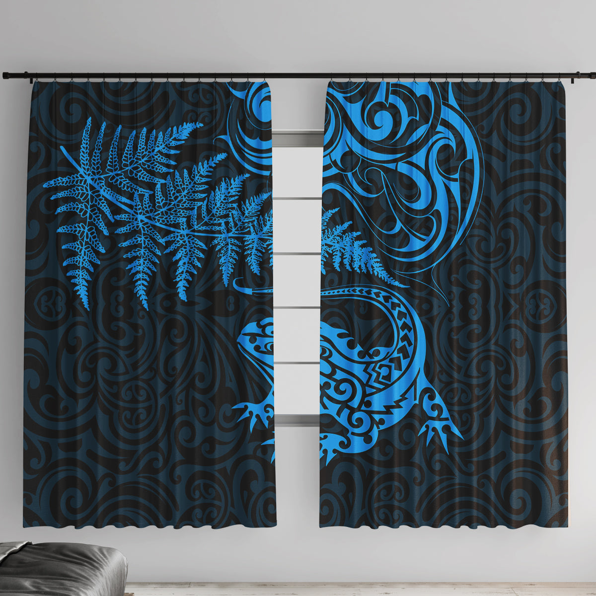 New Zealand Tuatara Tribal Tattoo Window Curtain Silver Fern and Maori Pattern Blue Color LT03 With Hooks Blue - Polynesian Pride