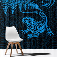 New Zealand Tuatara Tribal Tattoo Window Curtain Silver Fern and Maori Pattern Blue Color LT03 - Polynesian Pride