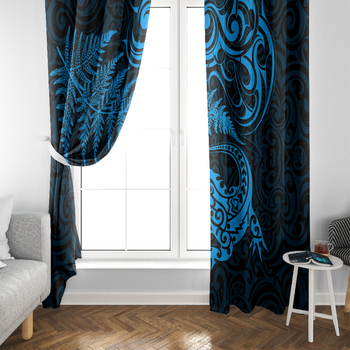 New Zealand Tuatara Tribal Tattoo Window Curtain Silver Fern and Maori Pattern Blue Color LT03 - Polynesian Pride