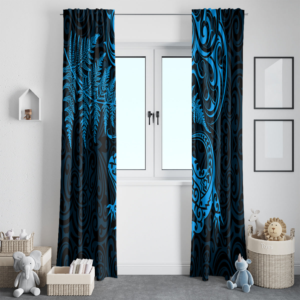 New Zealand Tuatara Tribal Tattoo Window Curtain Silver Fern and Maori Pattern Blue Color LT03 - Polynesian Pride