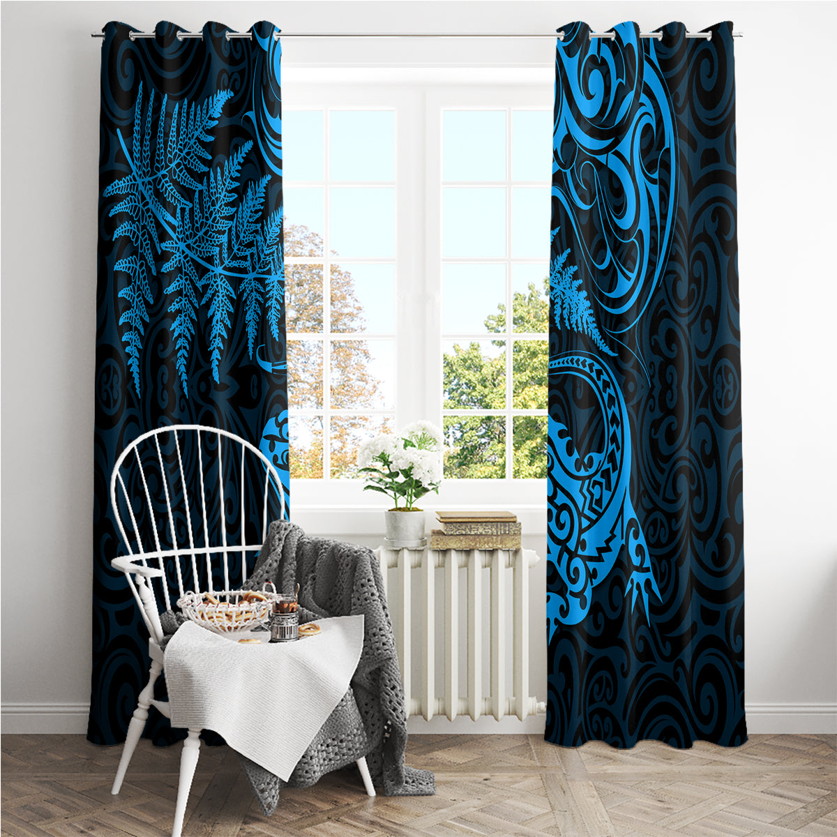 New Zealand Tuatara Tribal Tattoo Window Curtain Silver Fern and Maori Pattern Blue Color LT03 - Polynesian Pride