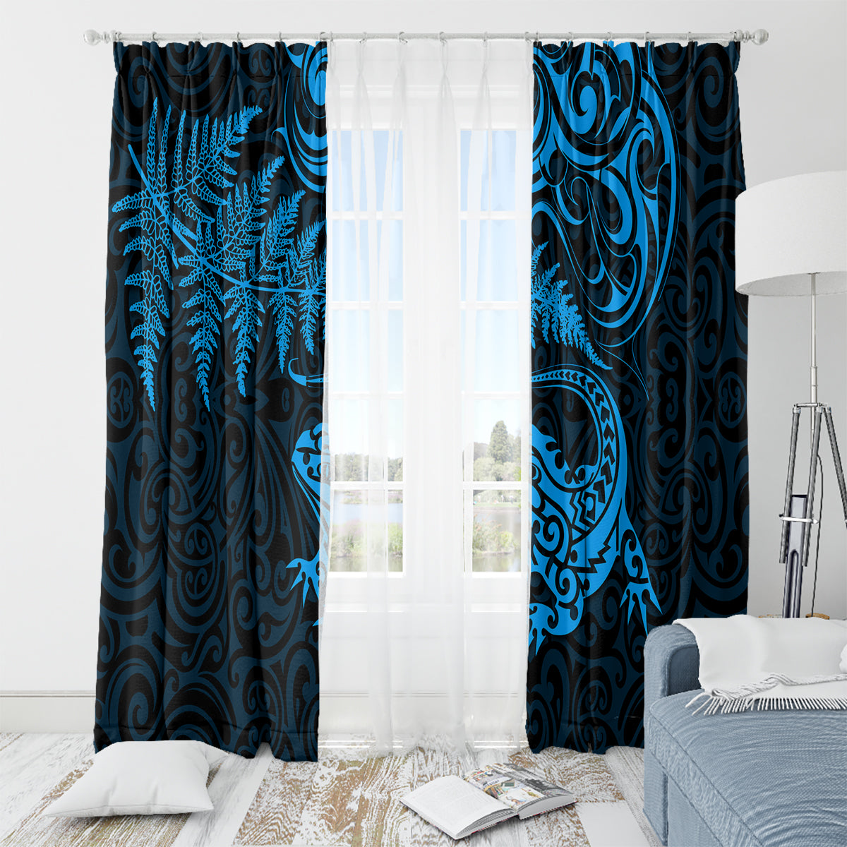 New Zealand Tuatara Tribal Tattoo Window Curtain Silver Fern and Maori Pattern Blue Color LT03 - Polynesian Pride