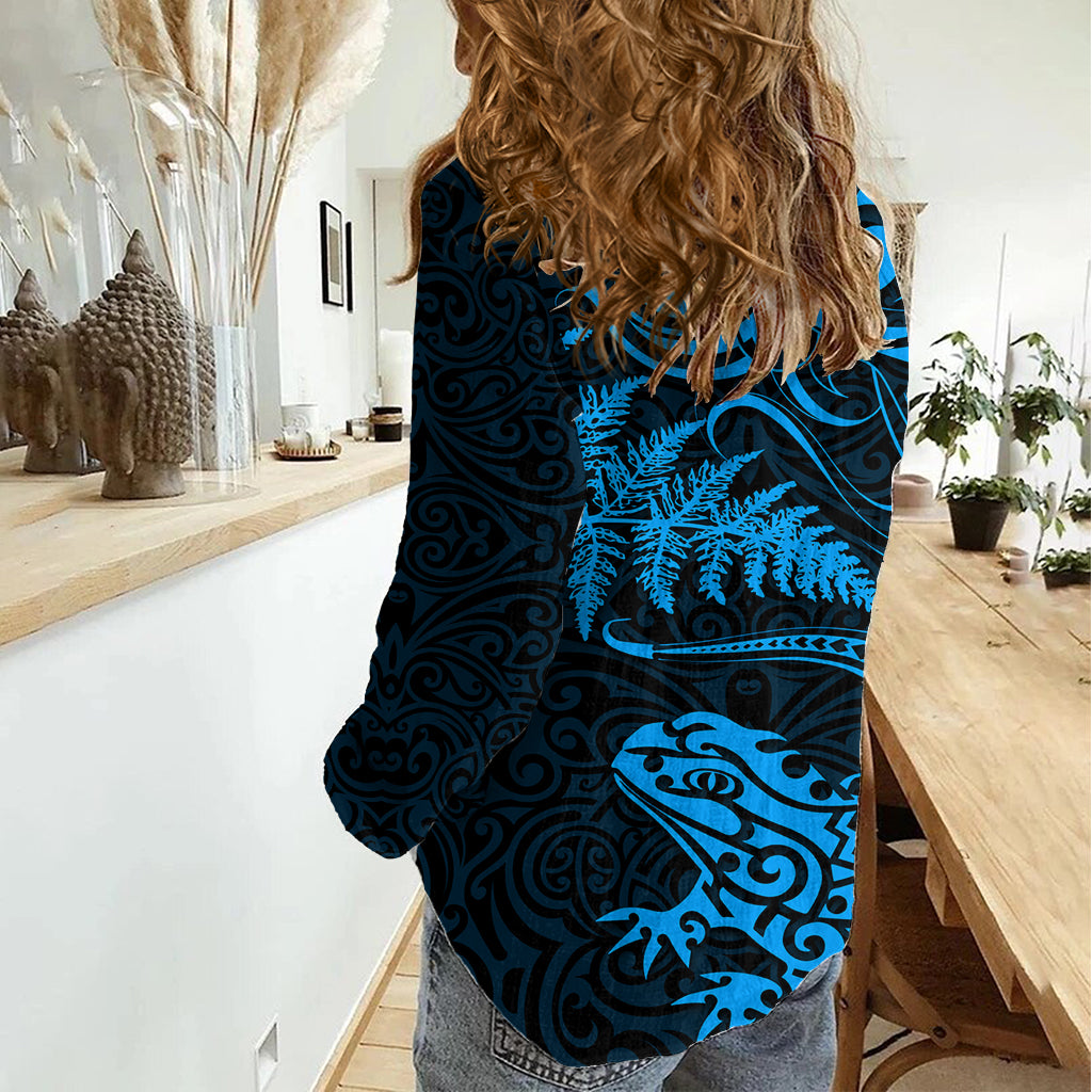 New Zealand Tuatara Tribal Tattoo Women Casual Shirt Silver Fern and Maori Pattern Blue Color LT03 - Polynesian Pride