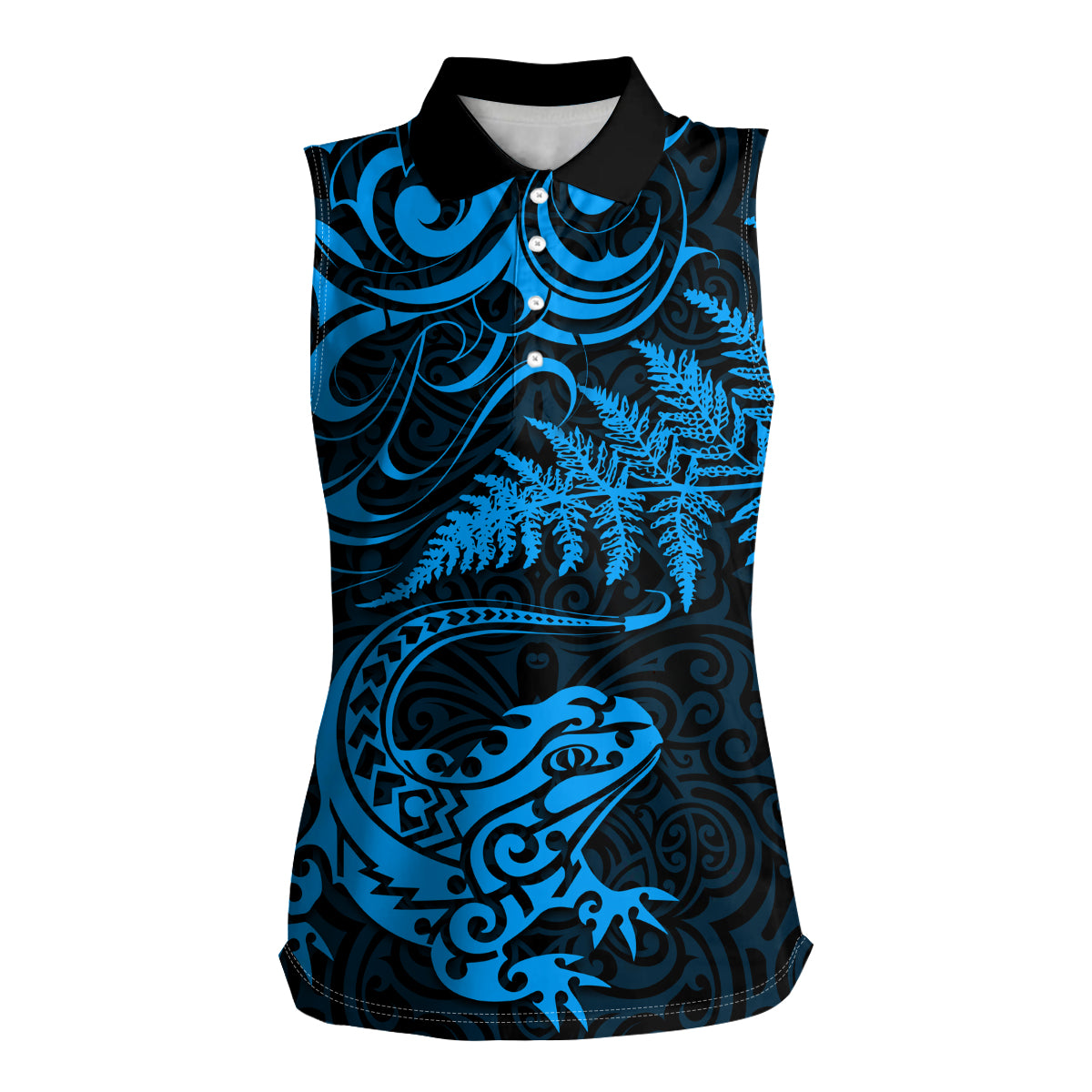 New Zealand Tuatara Tribal Tattoo Women Sleeveless Polo Shirt Silver Fern and Maori Pattern Blue Color LT03 Female Blue - Polynesian Pride