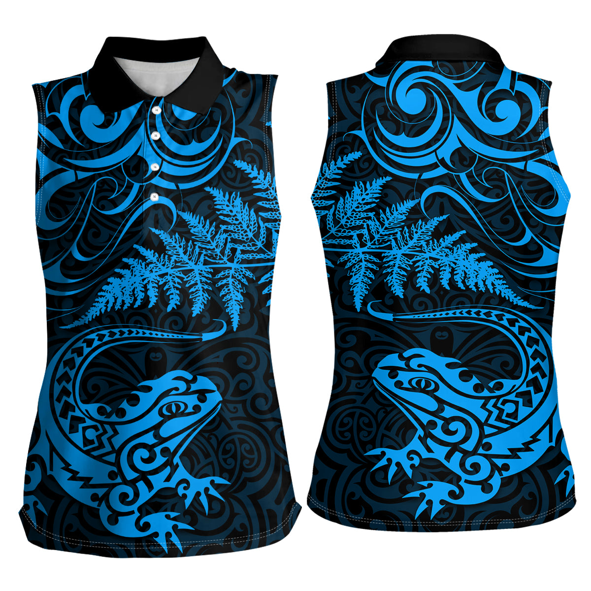 New Zealand Tuatara Tribal Tattoo Women Sleeveless Polo Shirt Silver Fern and Maori Pattern Blue Color LT03 - Polynesian Pride