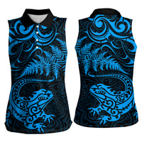 New Zealand Tuatara Tribal Tattoo Women Sleeveless Polo Shirt Silver Fern and Maori Pattern Blue Color LT03 - Polynesian Pride