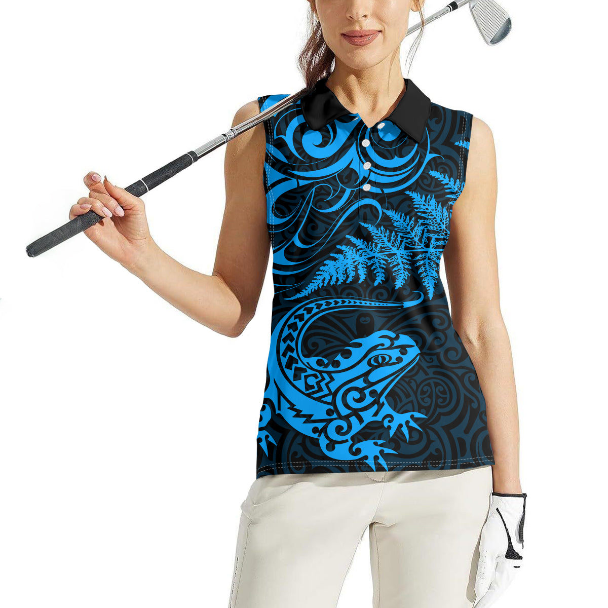 New Zealand Tuatara Tribal Tattoo Women Sleeveless Polo Shirt Silver Fern and Maori Pattern Blue Color LT03 - Polynesian Pride