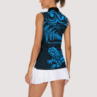 New Zealand Tuatara Tribal Tattoo Women Sleeveless Polo Shirt Silver Fern and Maori Pattern Blue Color LT03 - Polynesian Pride