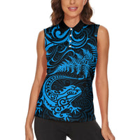 New Zealand Tuatara Tribal Tattoo Women Sleeveless Polo Shirt Silver Fern and Maori Pattern Blue Color LT03 - Polynesian Pride