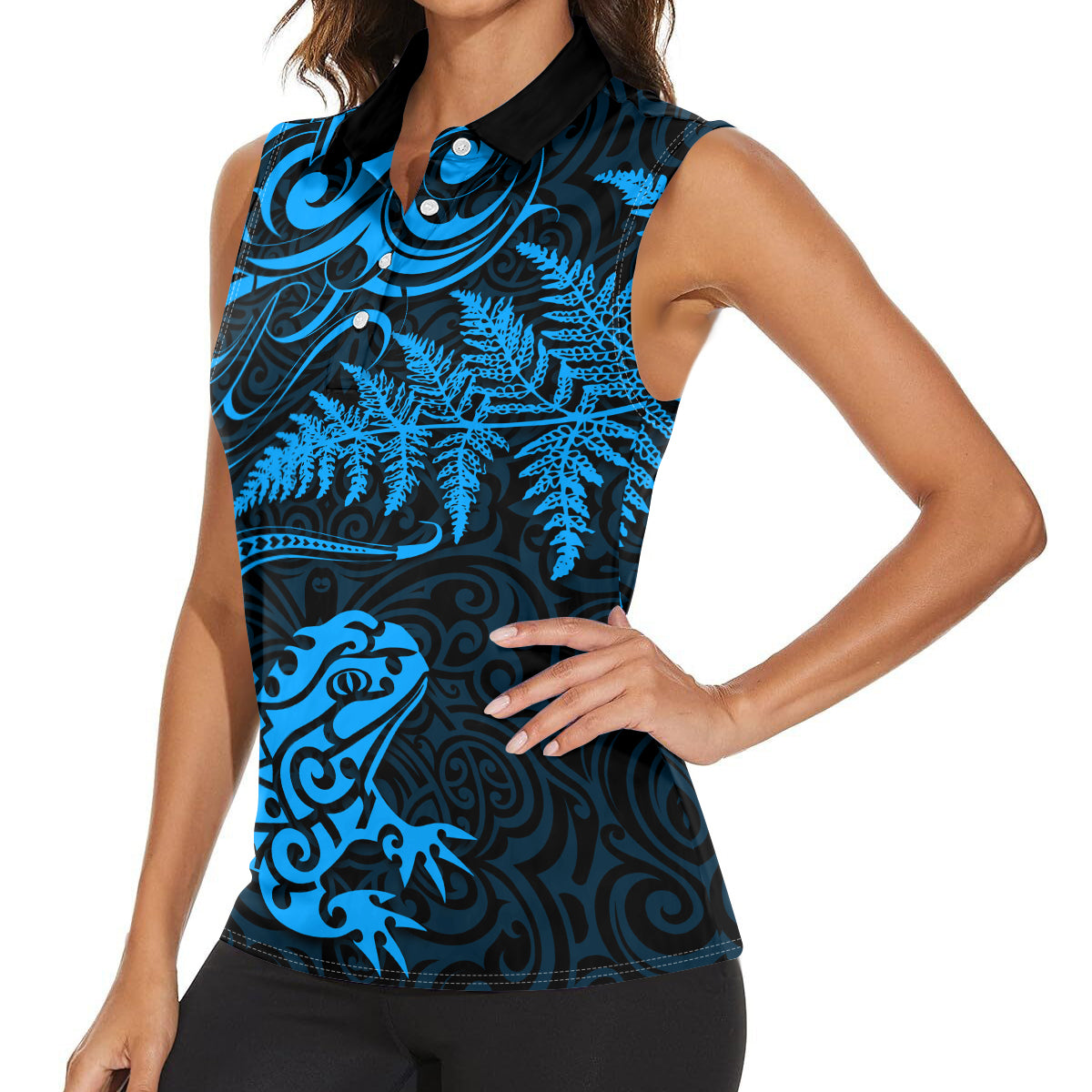 New Zealand Tuatara Tribal Tattoo Women Sleeveless Polo Shirt Silver Fern and Maori Pattern Blue Color LT03 - Polynesian Pride