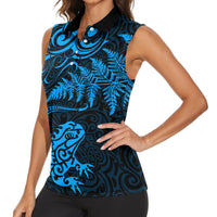 New Zealand Tuatara Tribal Tattoo Women Sleeveless Polo Shirt Silver Fern and Maori Pattern Blue Color LT03 - Polynesian Pride