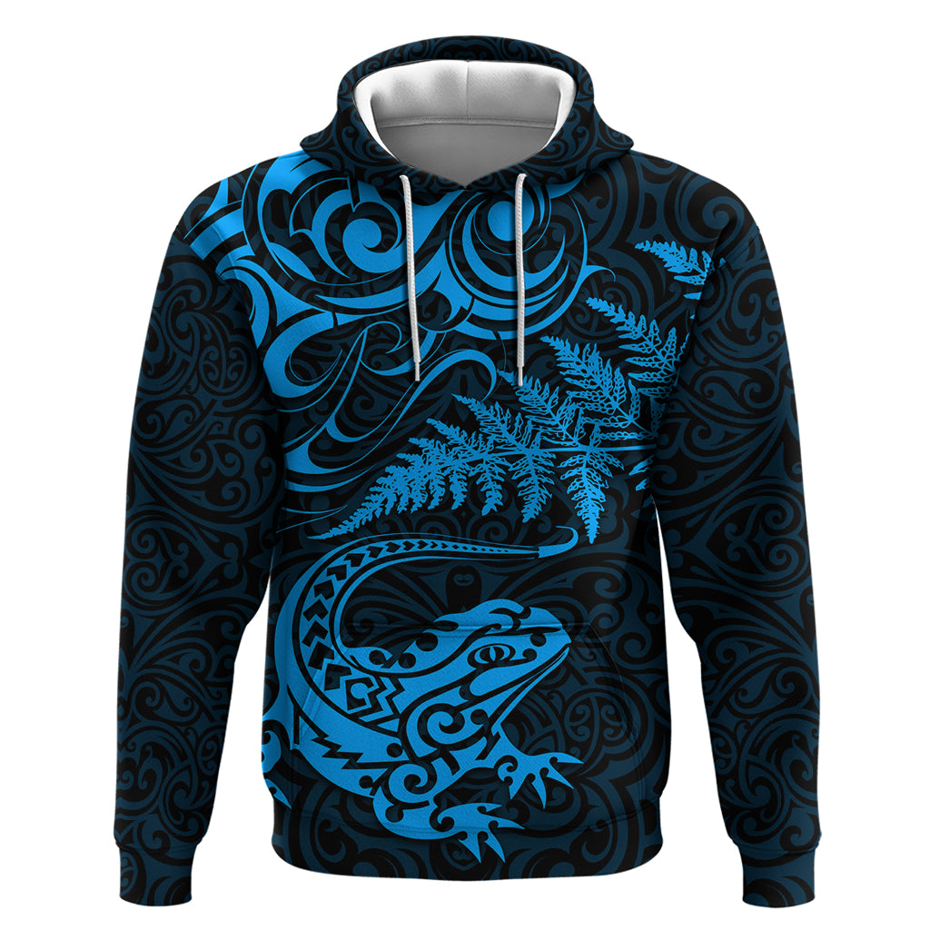 New Zealand Tuatara Tribal Tattoo Zip Hoodie Silver Fern and Maori Pattern Blue Color LT03 Pullover Hoodie Blue - Polynesian Pride