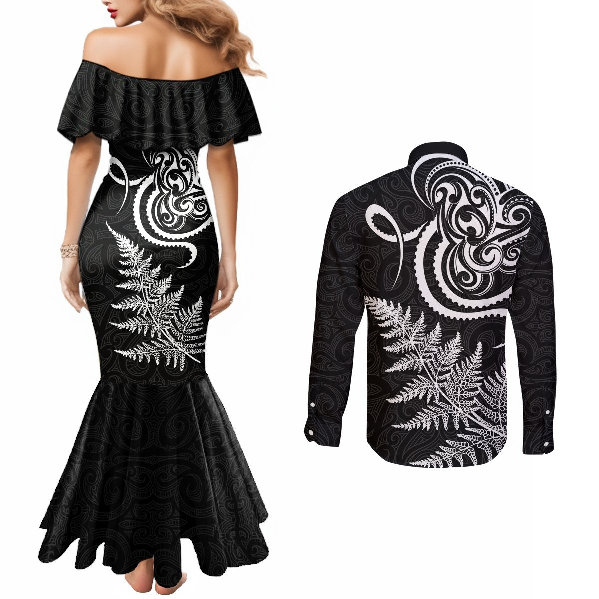 New Zealand Octopus Tattoo and Fern Couples Matching Mermaid Dress and Long Sleeve Button Shirt Maori Pattern LT03 - Polynesian Pride