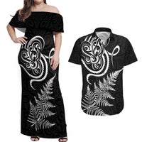 New Zealand Octopus Tattoo and Fern Couples Matching Off Shoulder Maxi Dress and Hawaiian Shirt Maori Pattern LT03 Black - Polynesian Pride