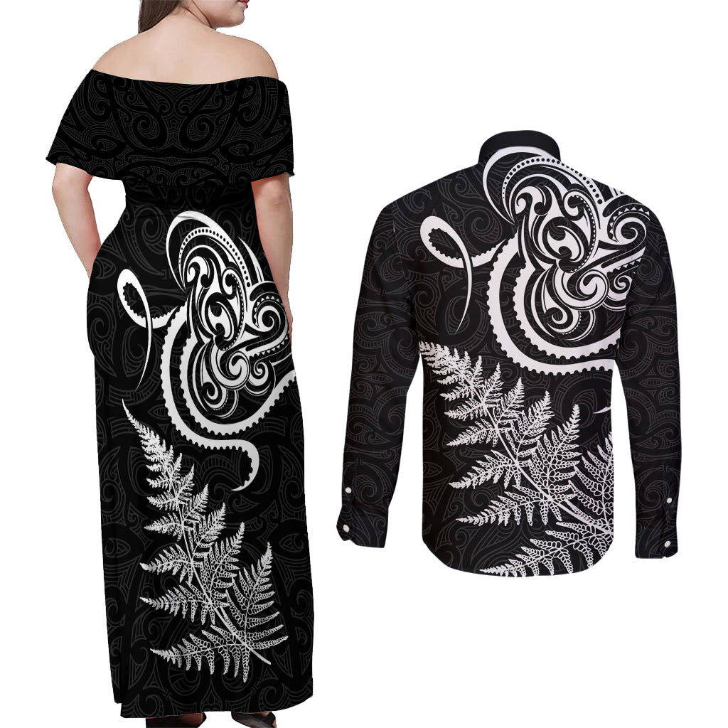 New Zealand Octopus Tattoo and Fern Couples Matching Off Shoulder Maxi Dress and Long Sleeve Button Shirt Maori Pattern LT03 - Polynesian Pride