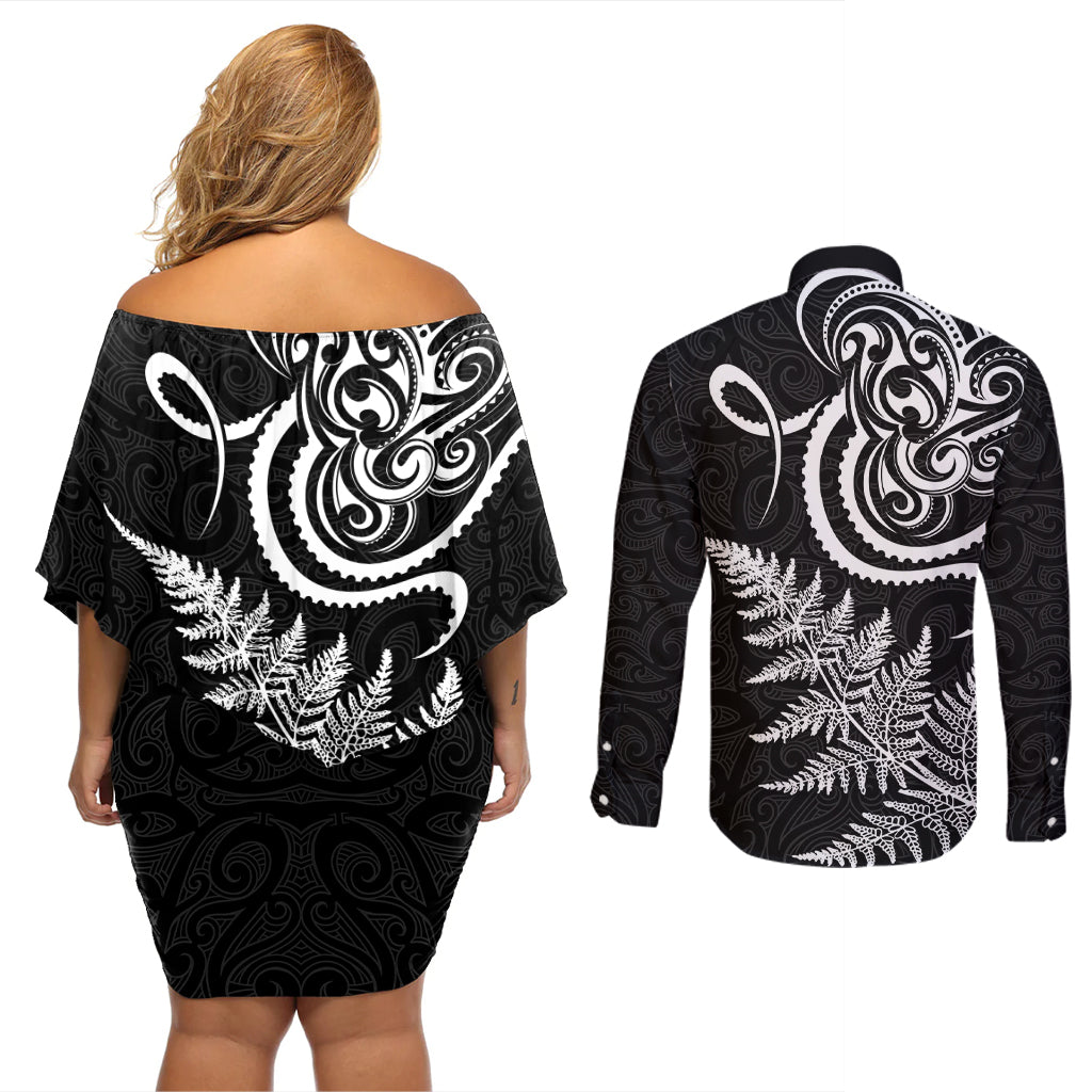 New Zealand Octopus Tattoo and Fern Couples Matching Off Shoulder Short Dress and Long Sleeve Button Shirt Maori Pattern LT03 - Polynesian Pride