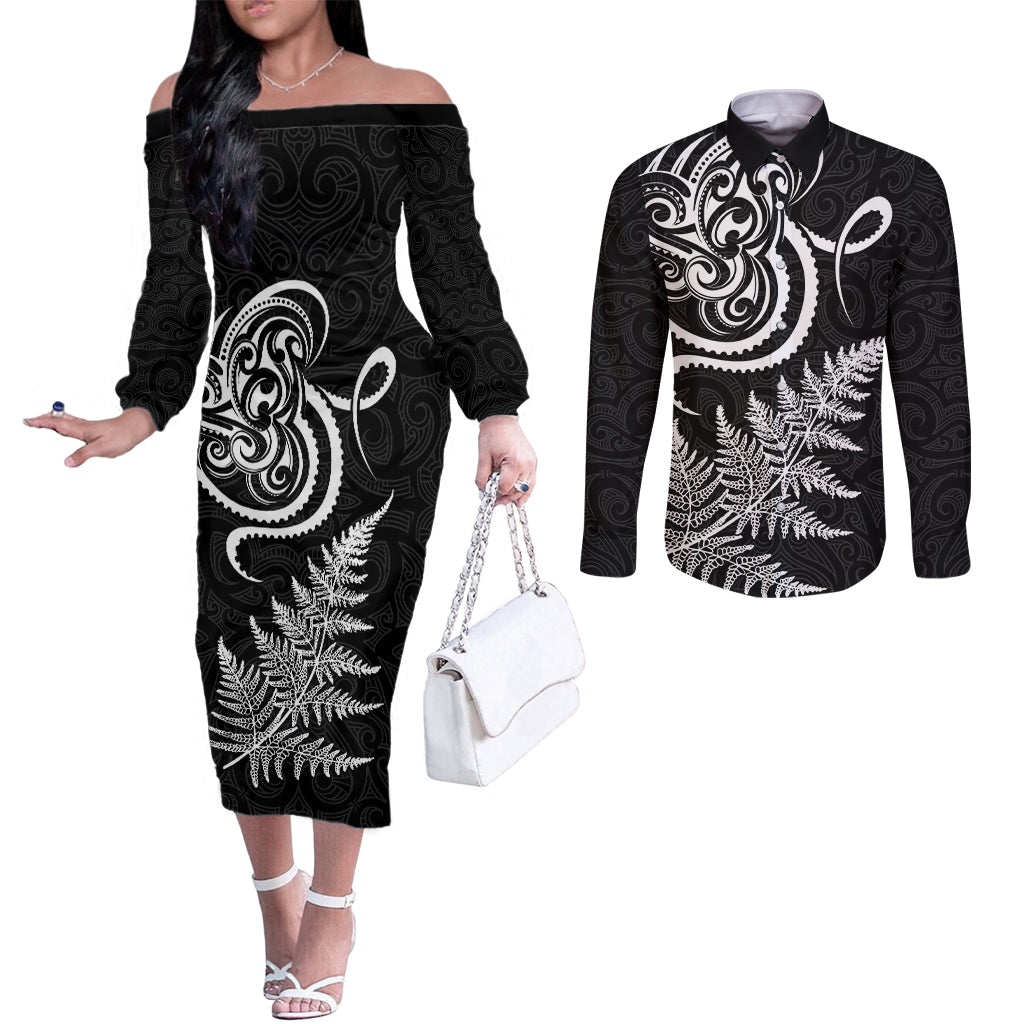 New Zealand Octopus Tattoo and Fern Couples Matching Off The Shoulder Long Sleeve Dress and Long Sleeve Button Shirt Maori Pattern