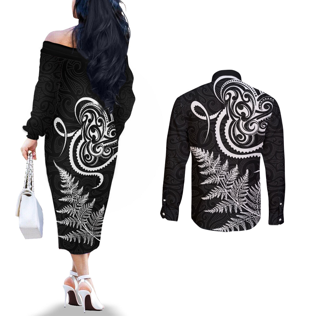 New Zealand Octopus Tattoo and Fern Couples Matching Off The Shoulder Long Sleeve Dress and Long Sleeve Button Shirt Maori Pattern LT03 - Polynesian Pride