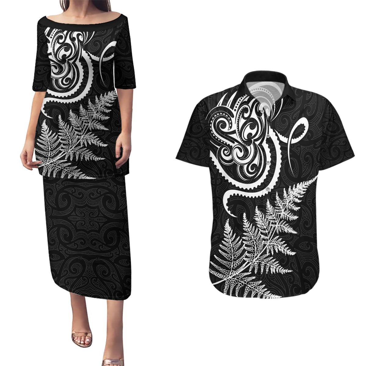 New Zealand Octopus Tattoo and Fern Couples Matching Puletasi and Hawaiian Shirt Maori Pattern LT03 Black - Polynesian Pride