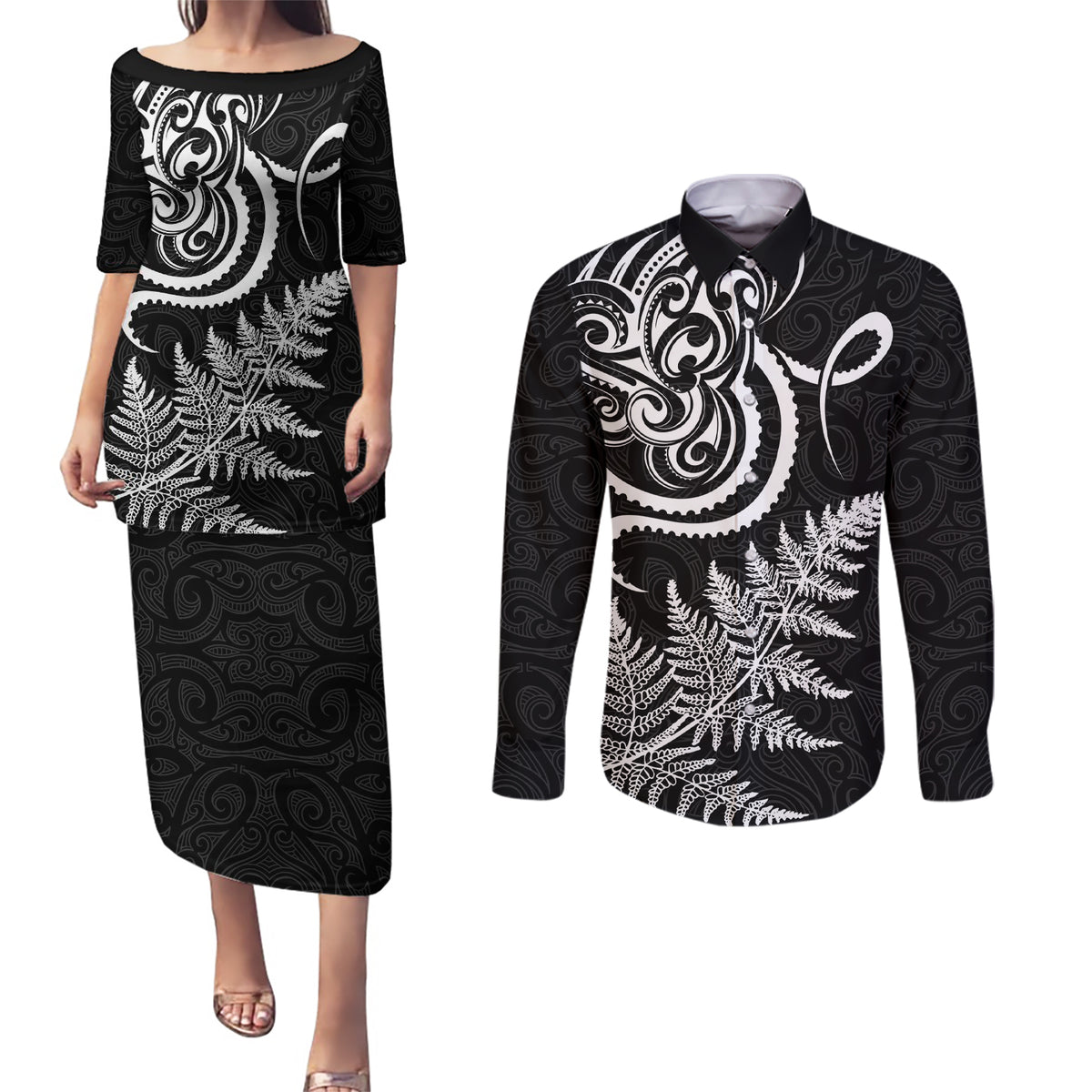 New Zealand Octopus Tattoo and Fern Couples Matching Puletasi and Long Sleeve Button Shirt Maori Pattern LT03 Black - Polynesian Pride