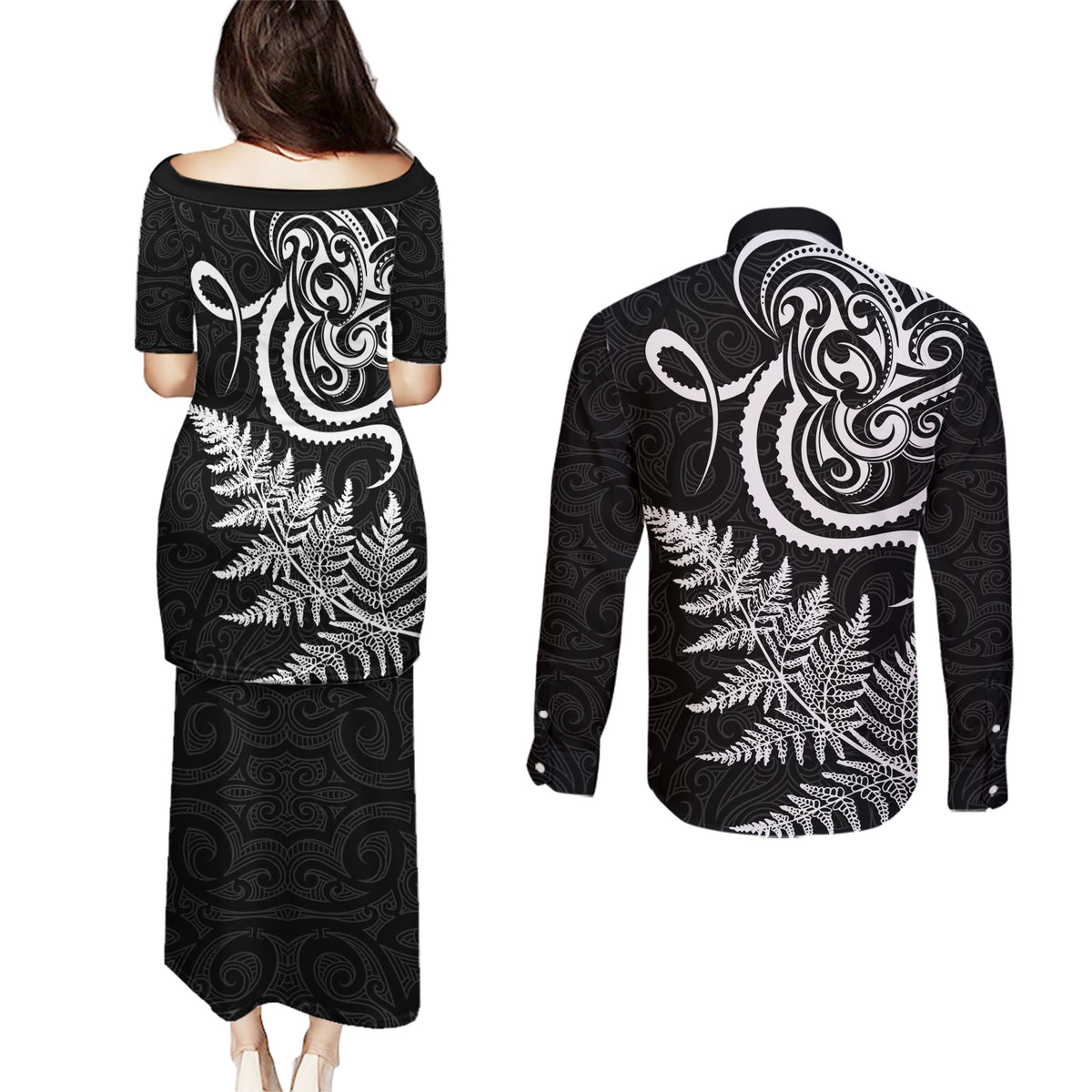 New Zealand Octopus Tattoo and Fern Couples Matching Puletasi and Long Sleeve Button Shirt Maori Pattern LT03 - Polynesian Pride