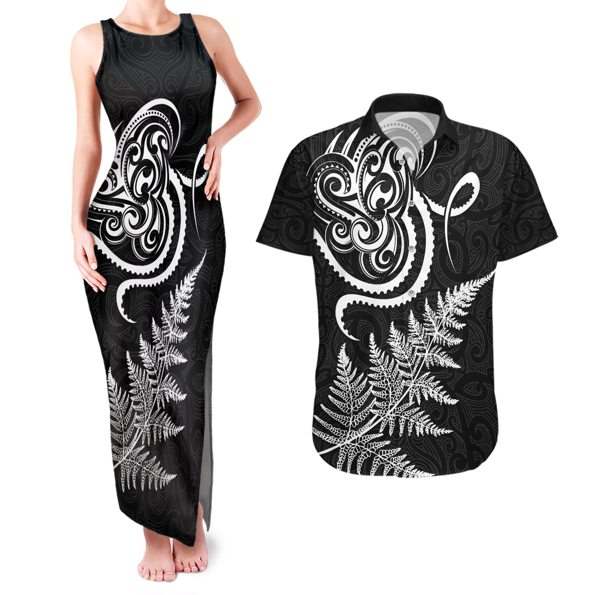 New Zealand Octopus Tattoo and Fern Couples Matching Tank Maxi Dress and Hawaiian Shirt Maori Pattern LT03 Black - Polynesian Pride