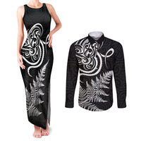 New Zealand Octopus Tattoo and Fern Couples Matching Tank Maxi Dress and Long Sleeve Button Shirt Maori Pattern LT03 Black - Polynesian Pride