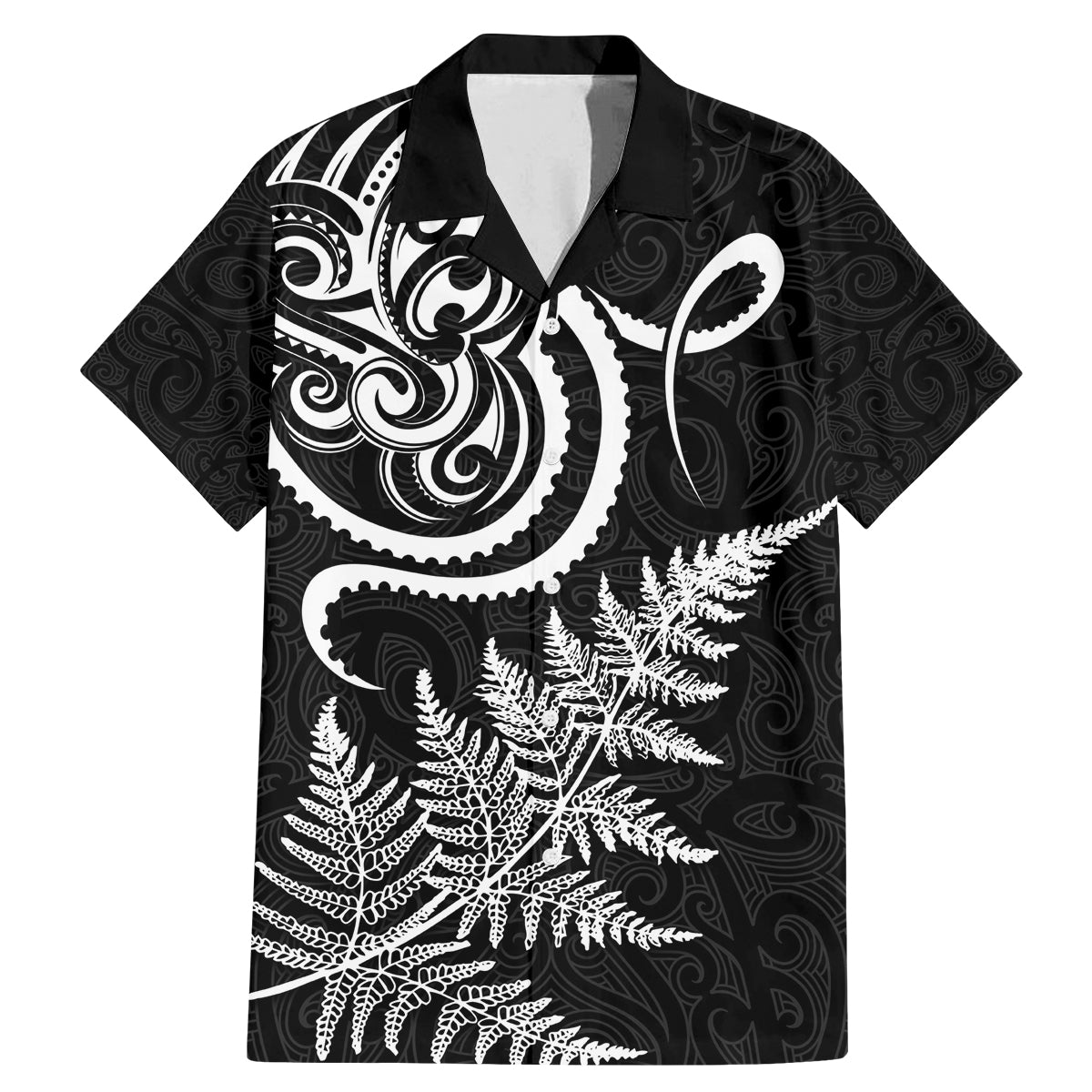New Zealand Octopus Tattoo and Fern Family Matching Mermaid Dress and Hawaiian Shirt Maori Pattern LT03 Dad's Shirt - Short Sleeve Black - Polynesian Pride