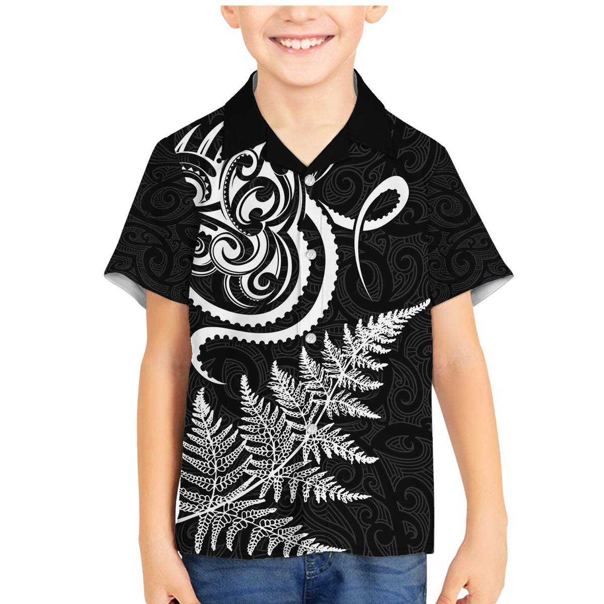 New Zealand Octopus Tattoo and Fern Family Matching Mermaid Dress and Hawaiian Shirt Maori Pattern LT03 Son's Shirt Black - Polynesian Pride